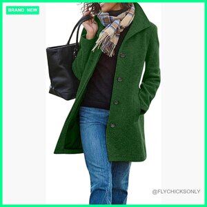 Women's Wool Blend Pea Coat Single Breasted Stand Collar Trench Overcoat